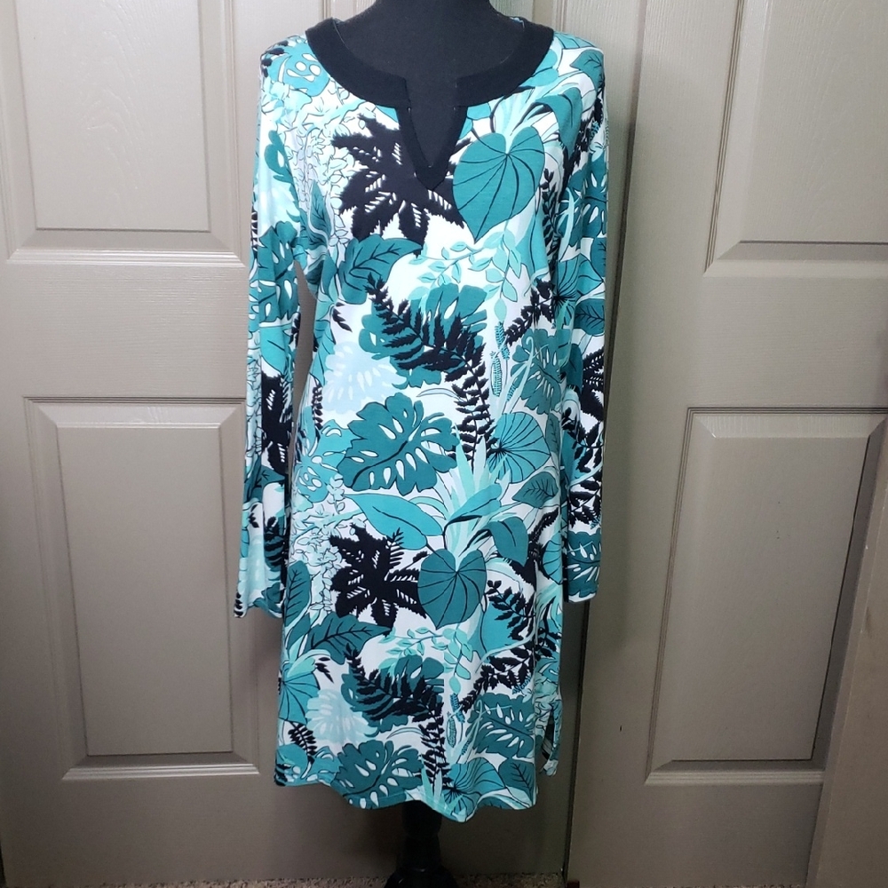 Coolibar Teal and Black Leaf Pattern Long Sleeve Dress Size Medium